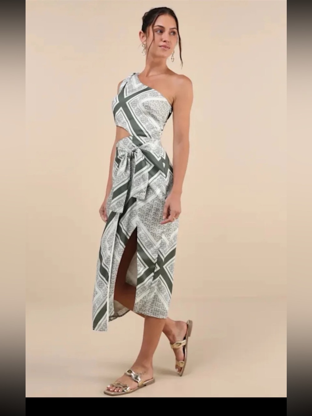 Lulus Vacay Beauty Olive Scarf Print One-Shoulder Tie-Strap Midi Dress Sz Large - Picture 2 of 12
